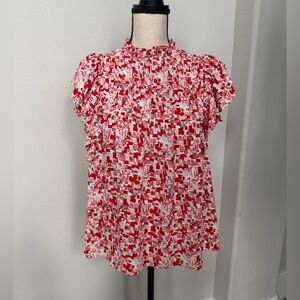 Entro Red and White Ruffled Abstract Blouse